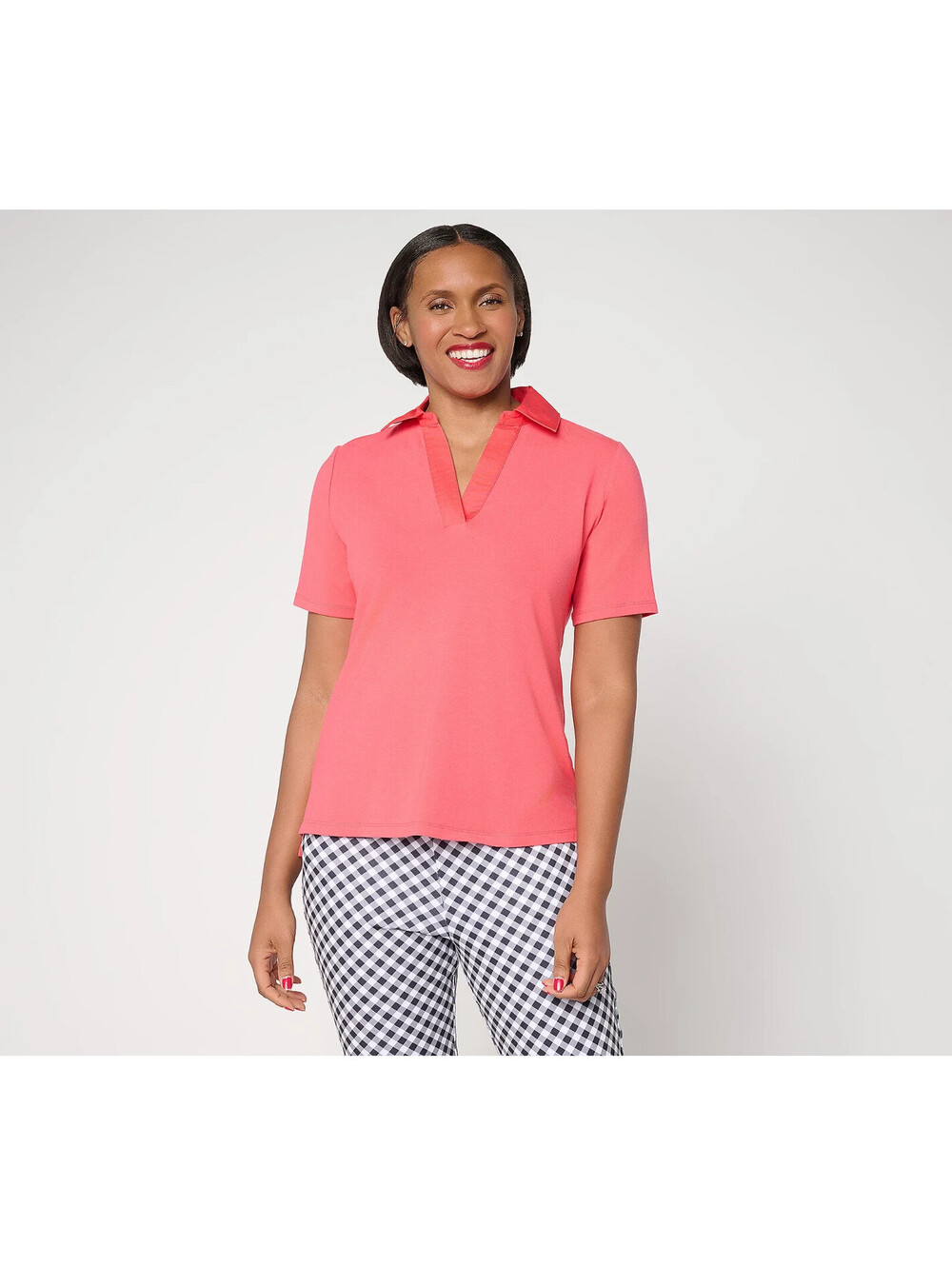 Joan Rivers Wardrobe Builders Woven Collar Knit Polo Paradise Pink, X-Large